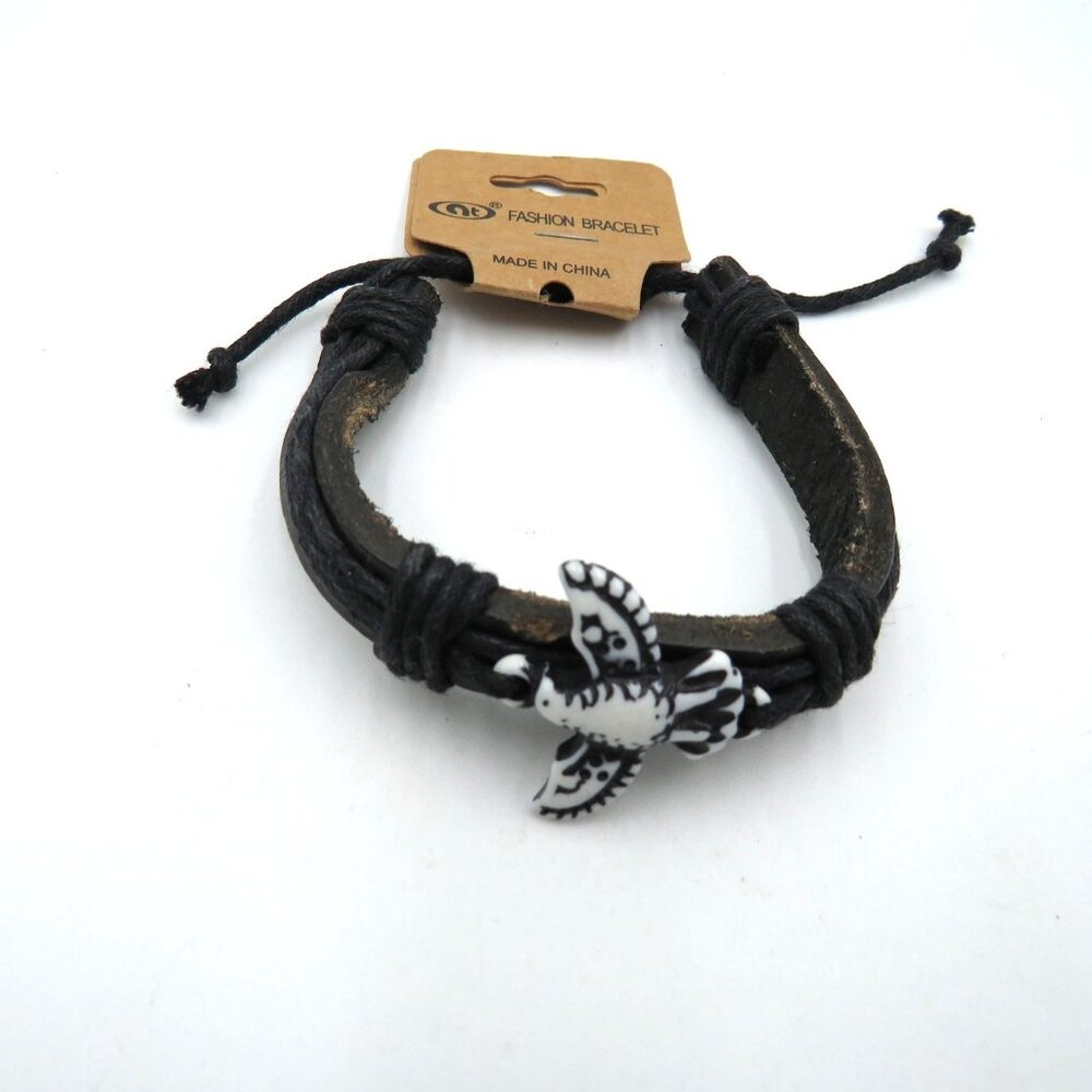 Adjustable Black Leather Cord‎ Bracelet Boho Bird Charm Fashion Wristband